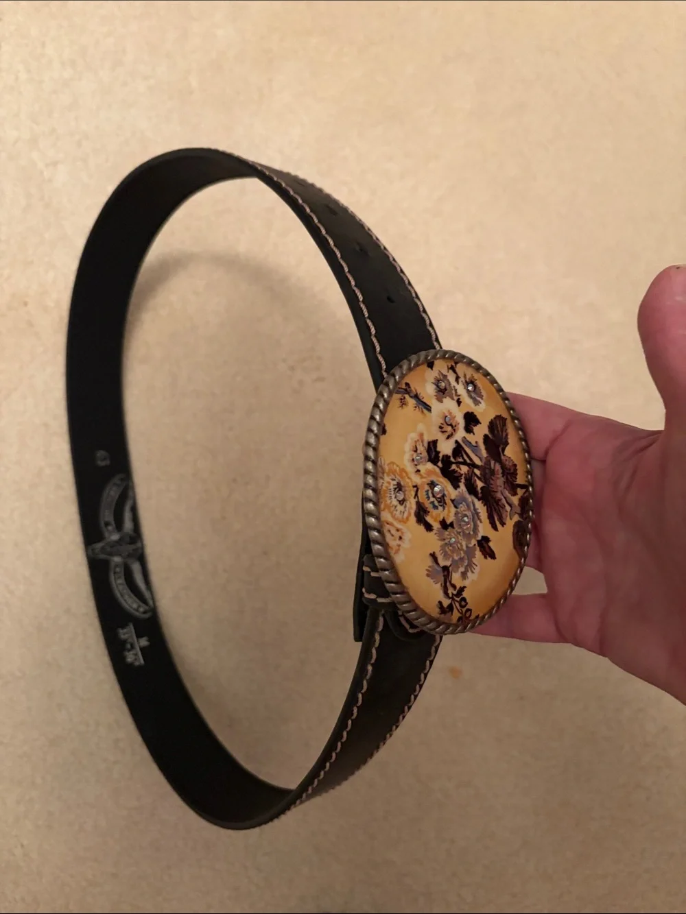 Hand-crafted Black Leather Belt with Yellow Floral Oval Buckle